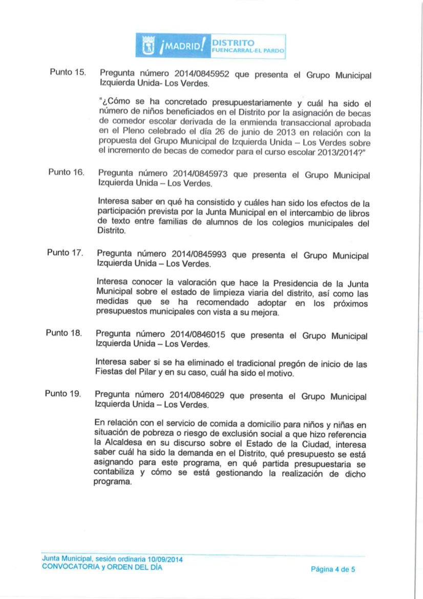 Orden del Día Pleno del distrito Fuencarral-El Pardo septiembre 2014