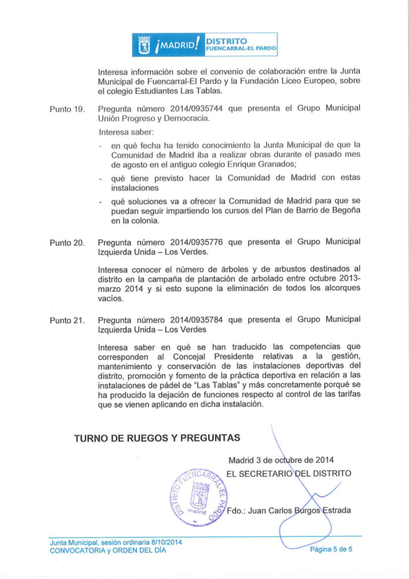 Pleno distrito Fuencarral-El Pardo octubre 2014