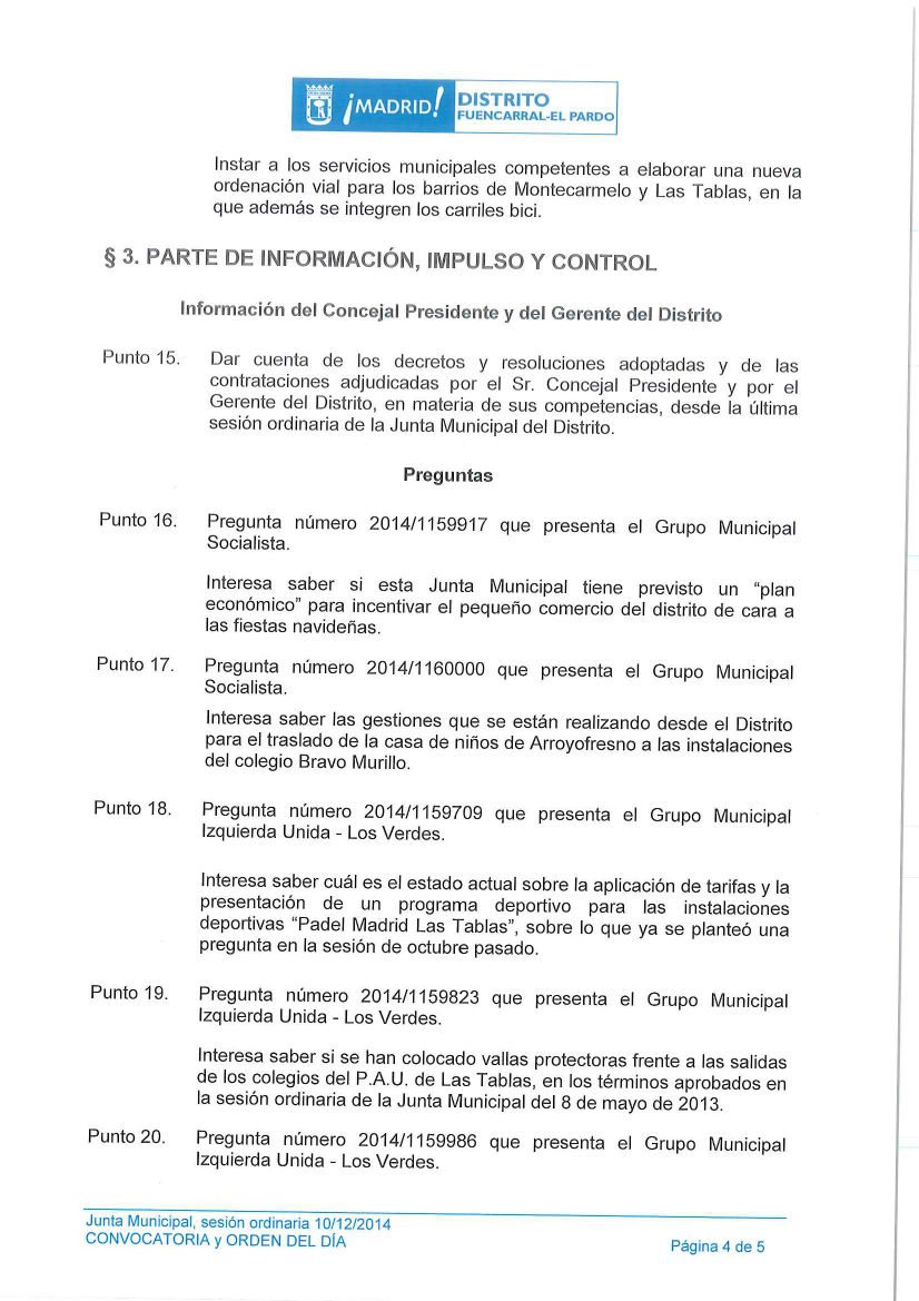 Pleno del Distrito Fuencarral-El Pardo Diciembre 2014