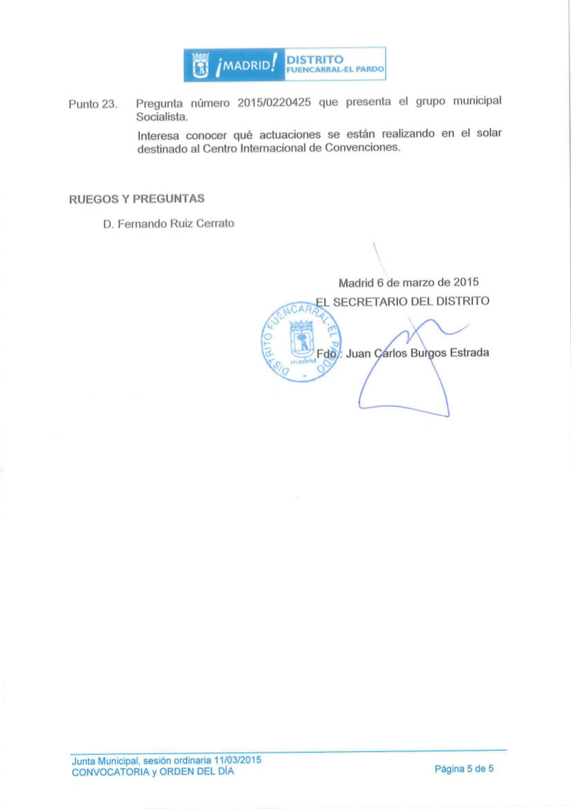 Pleno del Distrito de Fuencarral-El Pardo Marzo 2015