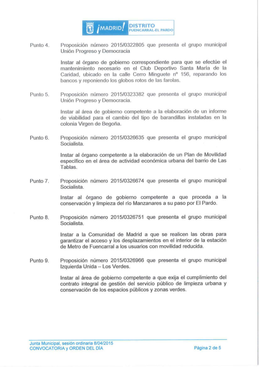 Pleno del Distrito de Fuencarral-El Pardo del 8 de abril de 2015
