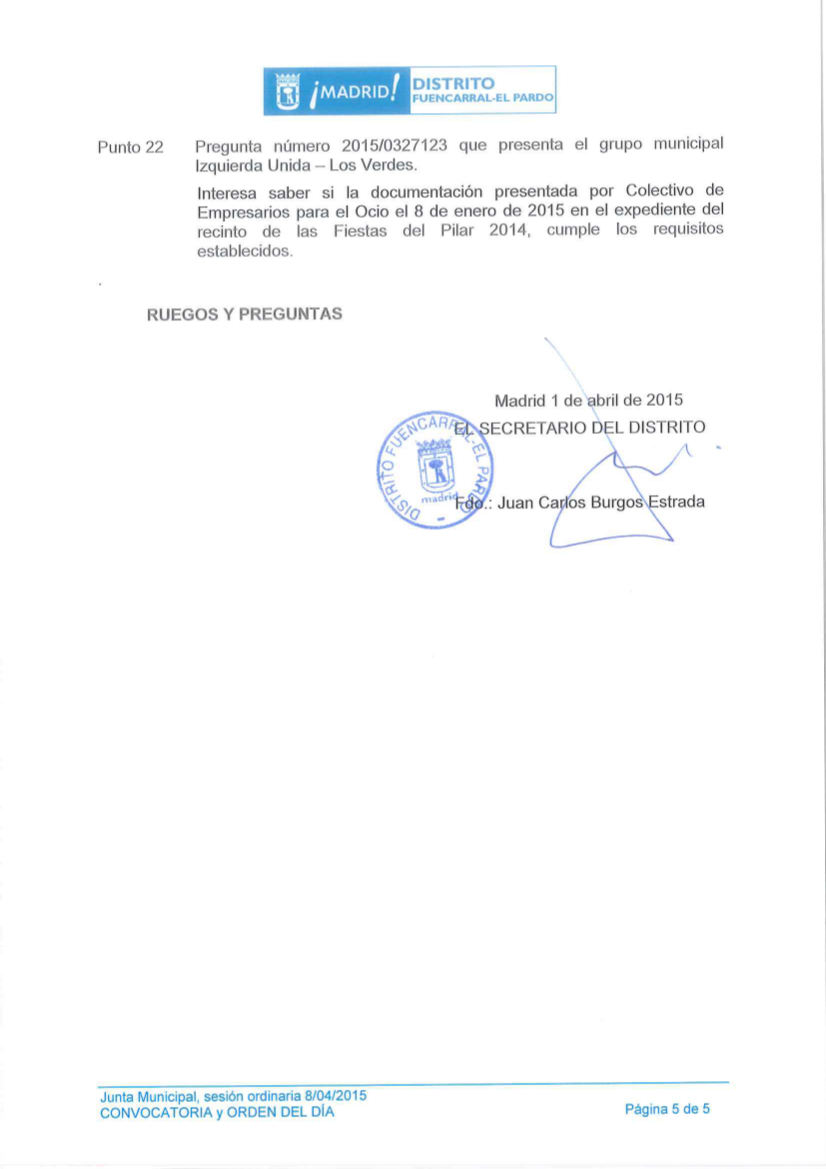 Pleno del Distrito de Fuencarral-El Pardo del 8 de abril de 2015