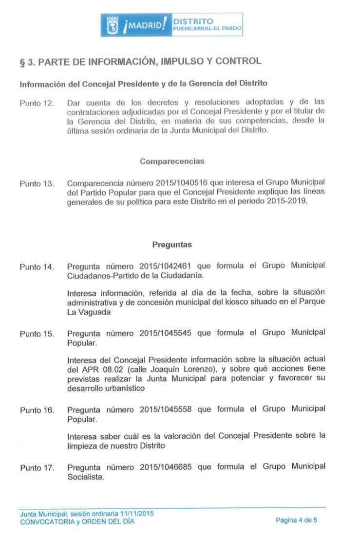 Pleno Fuencarral-El Pardo Noviembre 2015