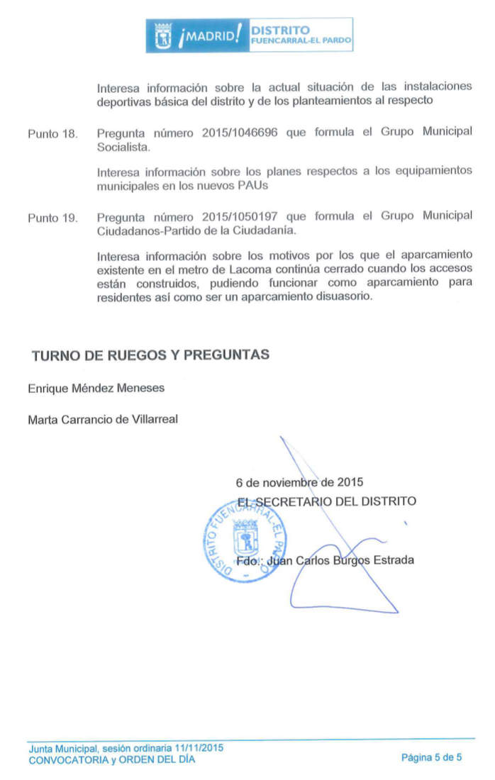 Pleno Fuencarral-El Pardo Noviembre 2015