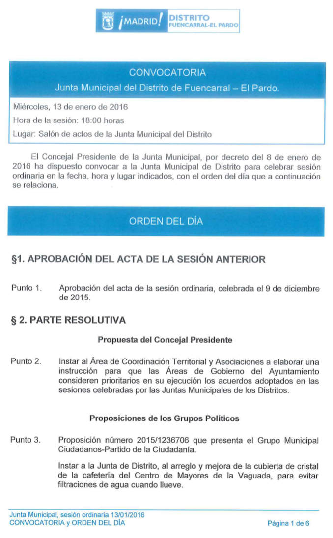 Pleno de Fuencarral-El Pardo Enero 2016