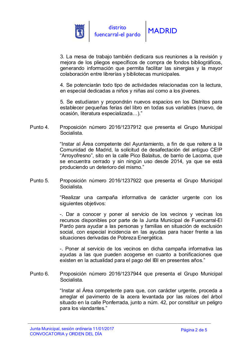 Orden del Día Pleno del Distrito Fuencarral-El Pardo Enero 2017