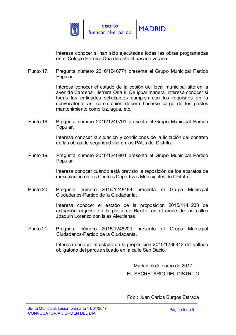 Orden del Día Pleno del Distrito Fuencarral-El Pardo Enero 2017
