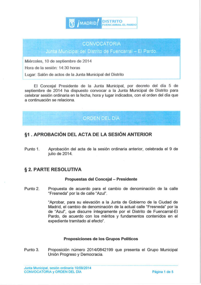 Orden del día Pleno del distrito de Fuencarral-El Pardo septiembre 2014