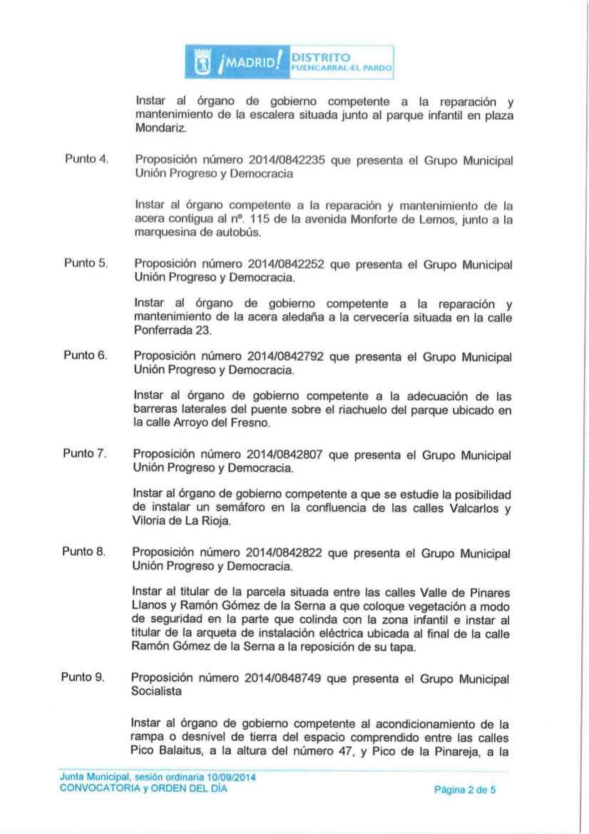 Orden del día Pleno del distrito de Fuencarral-El Pardo septiembre 2014