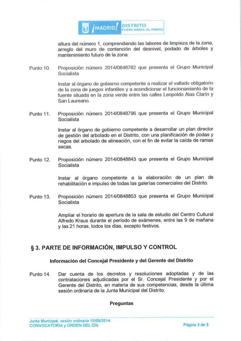 Orden del Día Pleno del distrito Fuencarral-El Pardo septiembre 2014
