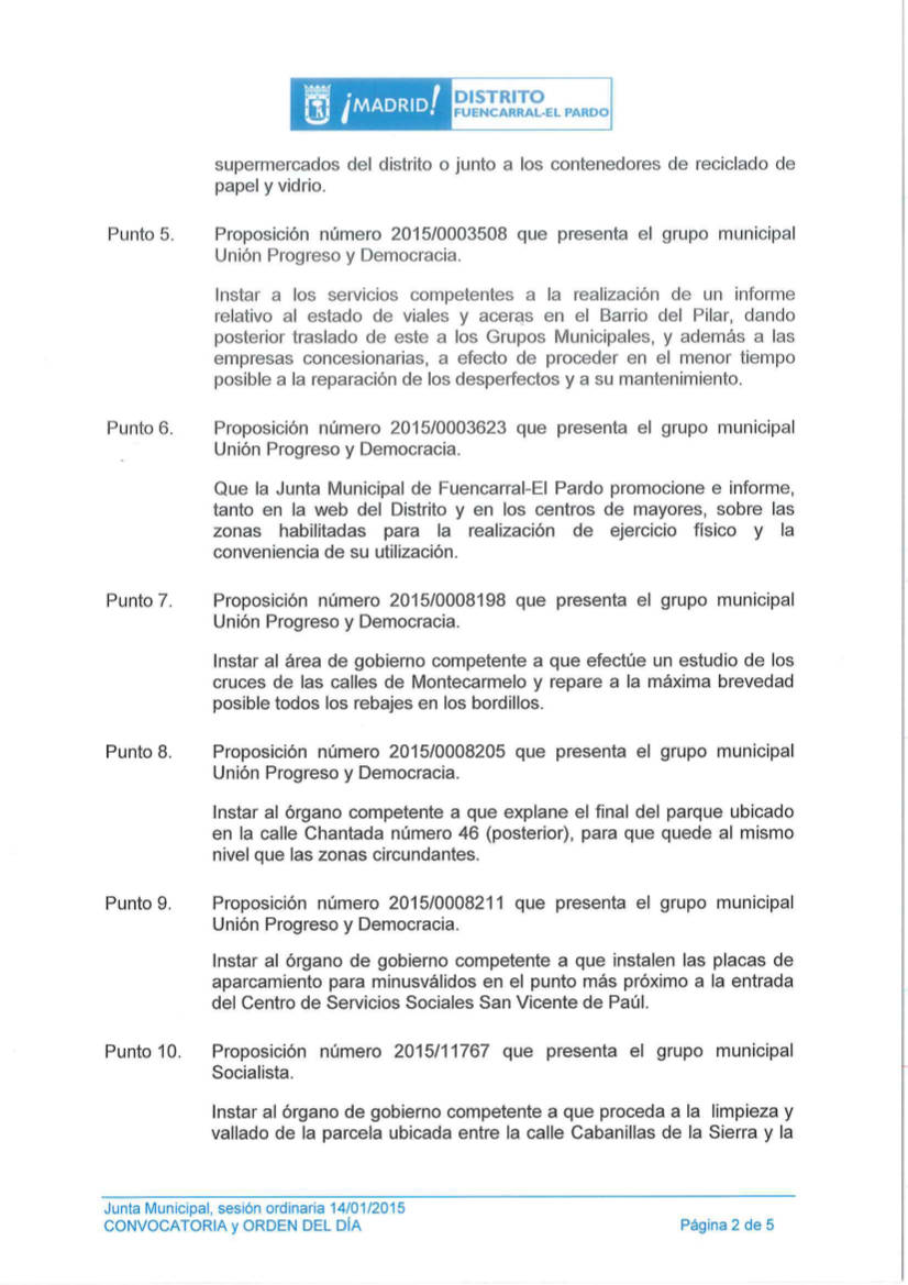 Orden del Día Pleno del Distrito de Fuencarral-El Pardo Enero 2015