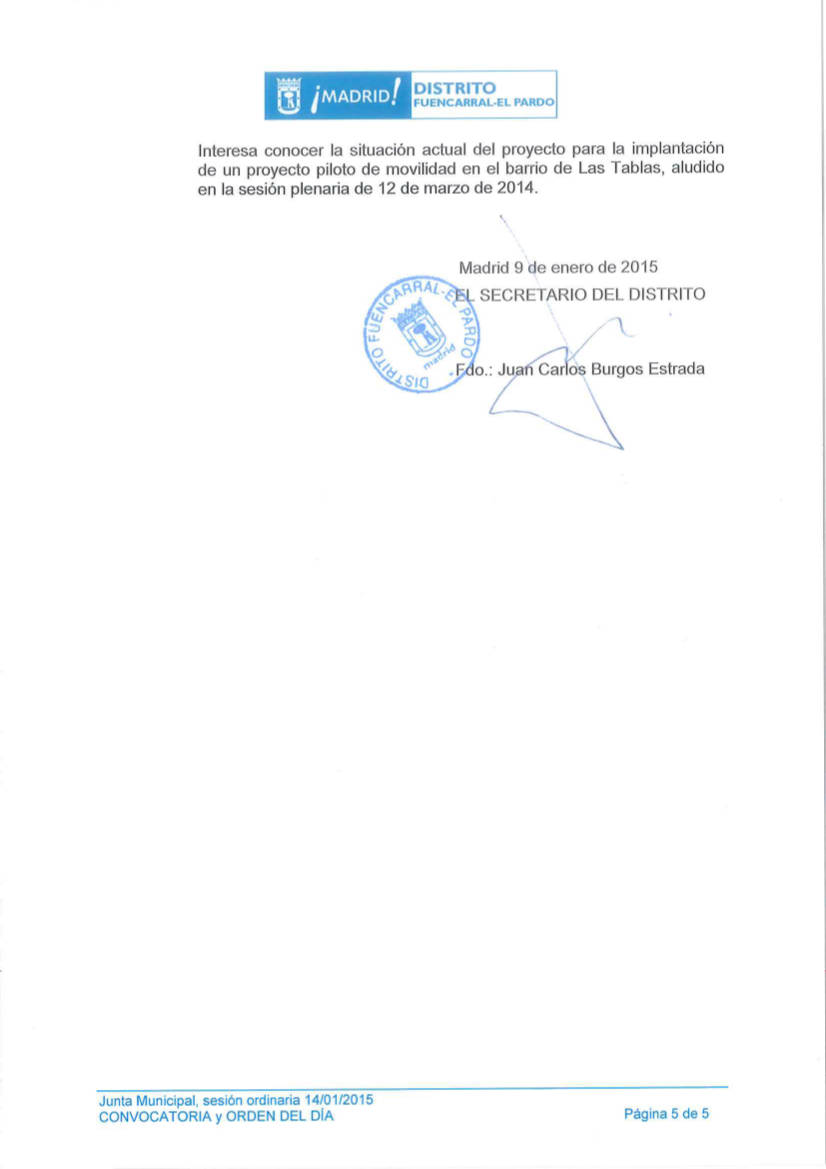 Orden del Día Pleno del Distrito de Fuencarral-El Pardo Enero 2015