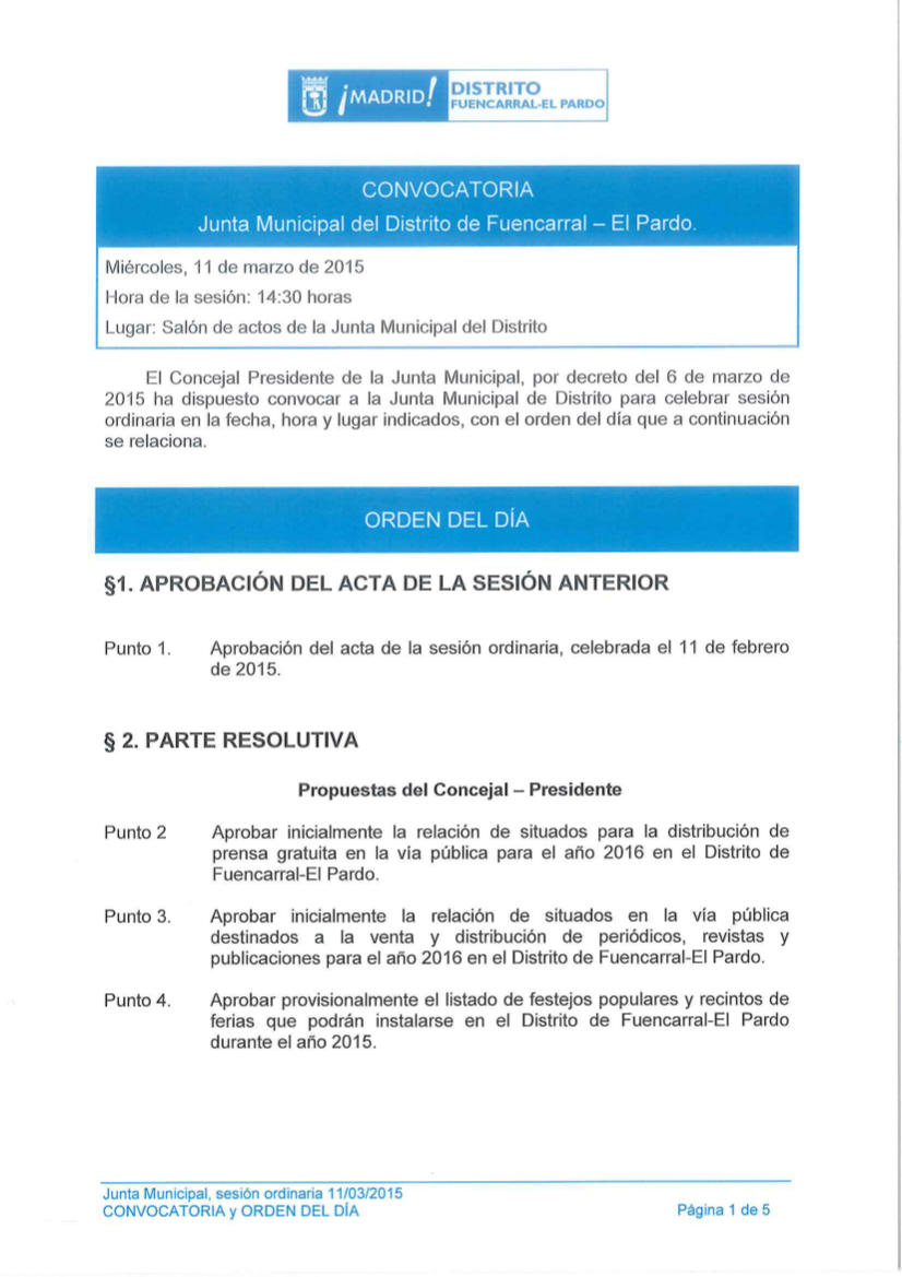 Pleno del Distrito de Fuencarral-El Pardo Marzo 2015