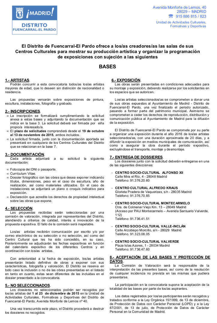 Bases para la petición de espacios expositivos de Fuencarral-El Pardo