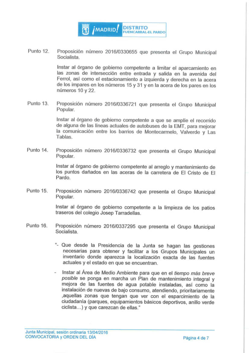 Pleno Fuencarral-El Pardo Abril 2016
